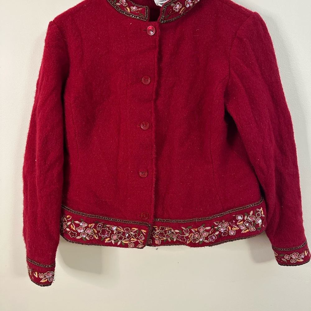 TALBOTS PETITES Jacket Womens L Red 100% Wool Button Front Embroidered Sequins